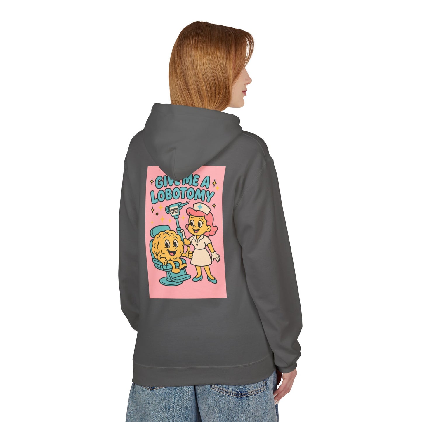 Hoodie — 'Give Me a Lobotomy' Retro Nurse Brain Graphic Pullover